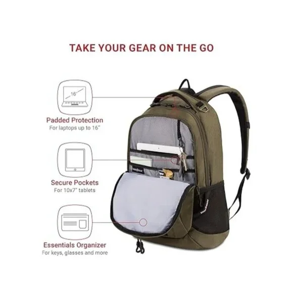 SwissGear Cecil 18" Olive Laptop Backpack With Padded Laptop Sleeve & Organizer - Picture 3 of 8
